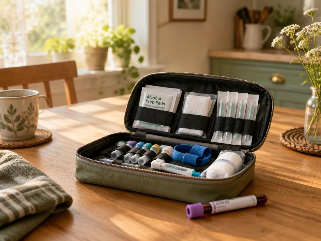A phlebotomist's clean kit with a sample tube resting on a wooden kitchen table