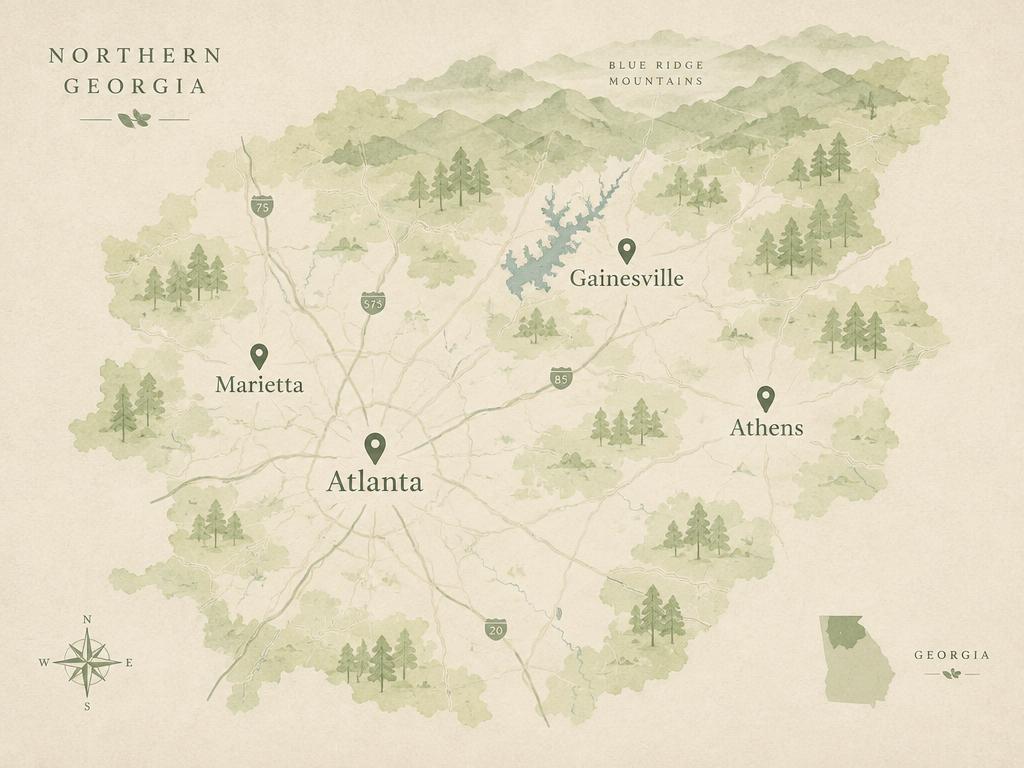 Illustrated service area map of Metro Atlanta and Northeast Georgia
